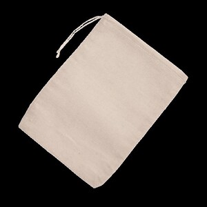 May include: A plain, off-white drawstring bag made of natural fabric. The bag is empty and has a simple design.