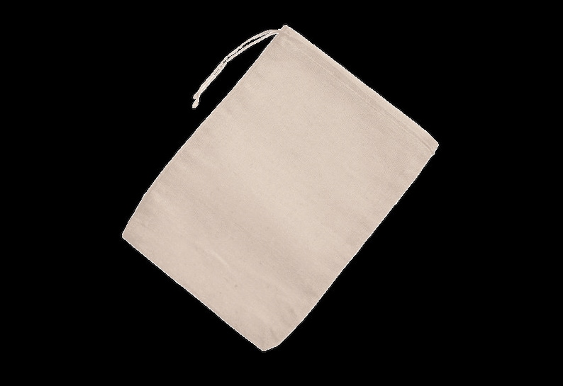 May include: A plain, off-white drawstring bag made of natural fabric. The bag is empty and has a simple design.