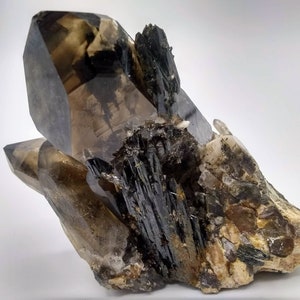 Aegirine Smoky Quartz Points Orthoclase Feldspar Cluster Specimen Crystal Healing from Zomba Malawi Smoky Quartz Points Aegirine Blades
