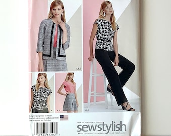 ONGESNEDEN Eenvoud 1202 Naaipatroon. Misses', Petite, damestop, rok, broek en ongevoerd jack. Professionele zakelijke kleding voor dames.