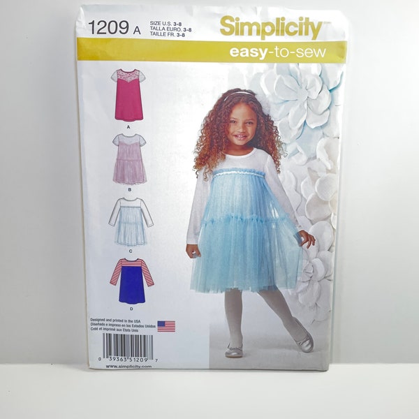 UNCUT Simplicity 1209 Sewing Pattern, Child's and Girls' Knit Dresses. Tulle Overlay T-Shirt Dress. Girls' Lace Top Dress. Long Sleeve Dress