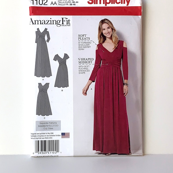 UNCUT Simplicity 1102 / S0413 Sewing Pattern. Misses', Women's Dress in Two Lengths, Sleeve Variations, Patterns for B-DD Cup Sizes.