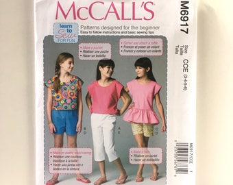 UNCUT McCall's M6917 Sewing Pattern, Children's/ Girls' Tops, Shorts and Pants. Kids Crop Pants Pattern. Girls' Frilly Ruffle Shirt Pattern.