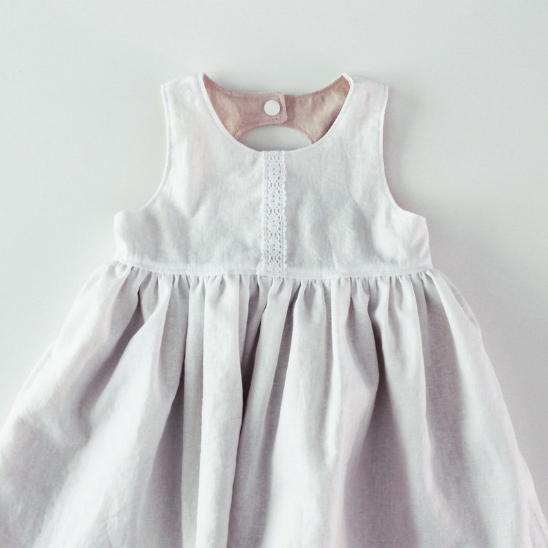 White Linen Toddler Wedding Cutout back Lace Cotton Flower girl Princess Dress Baptism Custom Snaps Baby shower gift Birthday