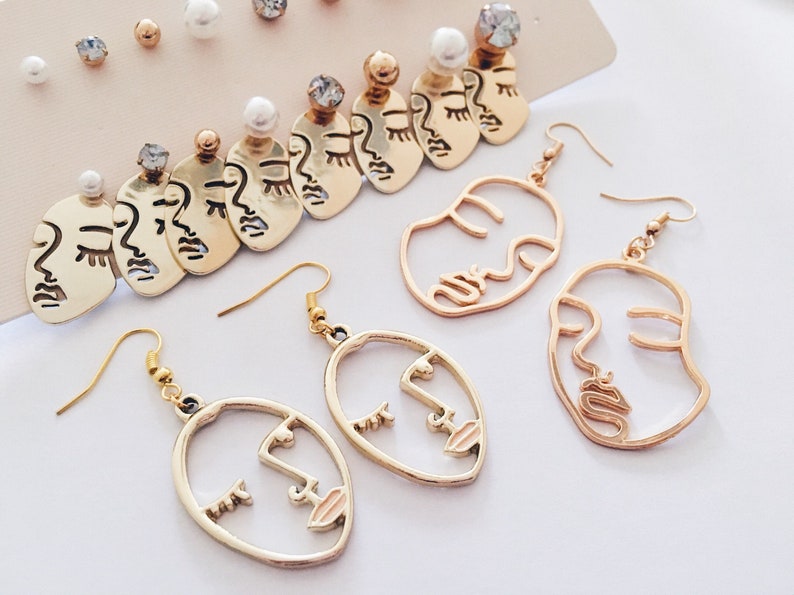 Unique Face Earrings Statement Jewelry Exclusive handmade earrings head earrings golden wire human face fashion metal hands earrings tumblr image 1