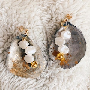 Silver Gold Oyster Shell Earrings Unique Shaped Pearls  - Handmade Jewelry, Gift for her, Unique Ocean Jewelry, Creative Fashion
