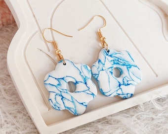 Charming Blue Marble Floral Earrings / Polymer Clay