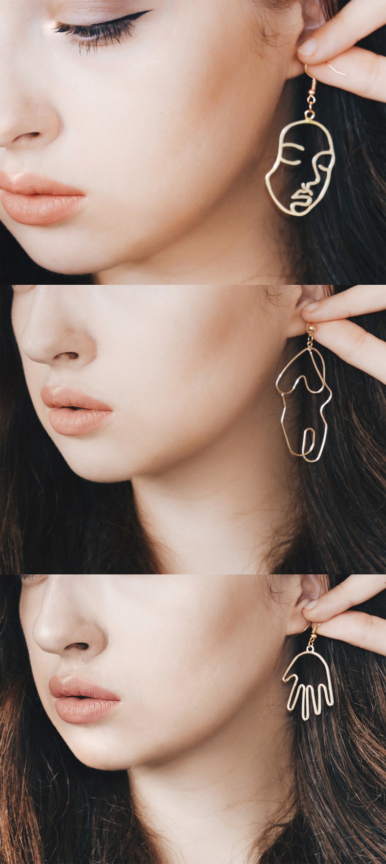 Unique Face Earrings Statement Jewelry Exclusive handmade earrings head earrings golden wire human face fashion metal hands earrings tumblr image 9