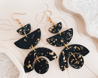 Luxury Black & Gold Handmade Earrings / Resin Earrings with Gold Leaf