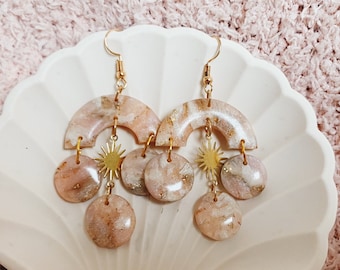 Unique Quartz Polymer Clay Earrings / Handmade Exclusive earrings / Gold Sun Marble Stone Jewelry / Gift for Her / Hand-crafted Pink Quartz