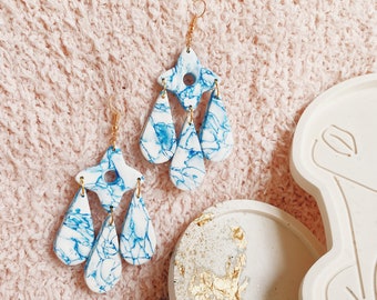 Unique Blue Marble Chandelier Polymer Clay Earrings