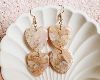 Quartz Heart Earrings / Polymer Clay Pink Earrings / Quartz Handmade Jewelry / Marble Stone Jewelry Gift for Her / Feminine / Heart Design