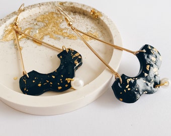 Long Golden Black Earrings // Chandelier handmade jewelry, unique exclusive earrings, homemade gift for her