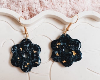 Glossy Black Marble Flower Earrings