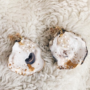 Gold Confetti Oyster Seashell Unique Earrings Faux Pearl - Handmade Jewelry, Gift for her, Unique Ocean Jewelry, Creative Fashion