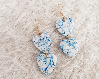 Blue Marble Heart Earrings / Polymer Clay Unique Gift for her