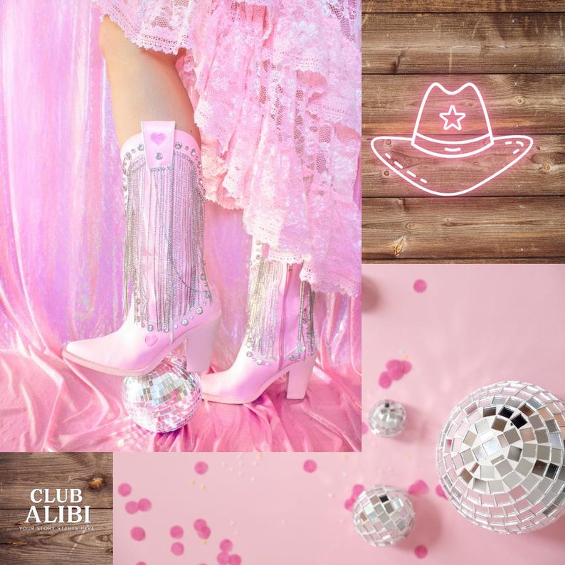 May include: Pink knee-high cowboy boots with silver fringe and heart details. The boots are on a pink surface with disco balls and confetti. A neon cowboy hat sign is in the background.
