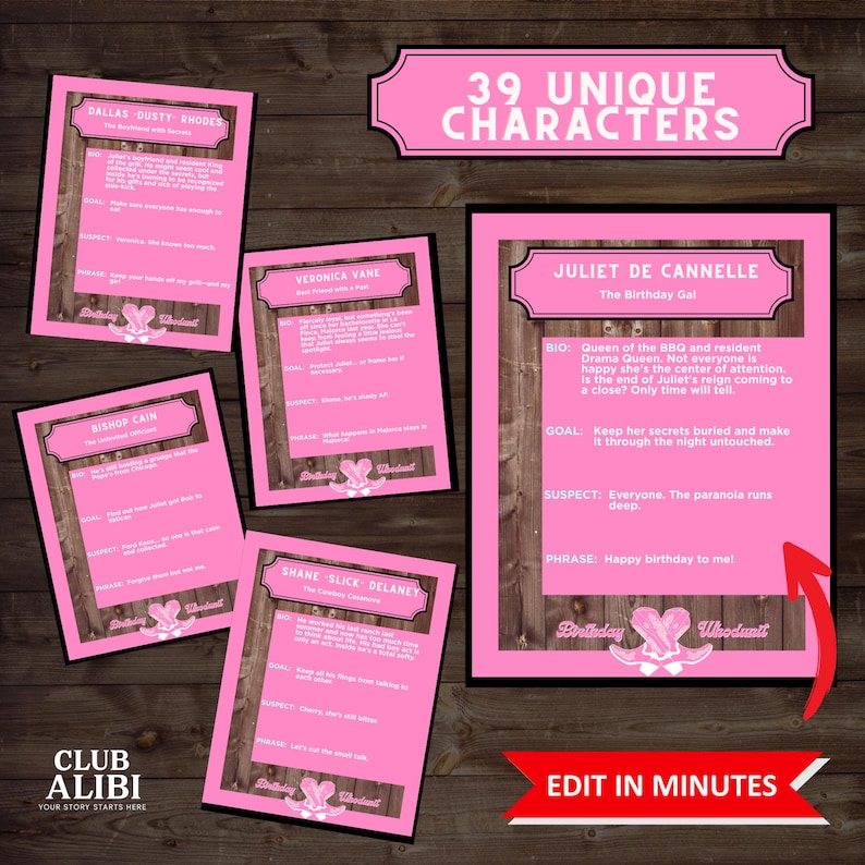 May include: A collection of pink character cards with text on a wooden background. The cards feature names like Juliet De Cannelle and Dallas Dusty Rhodes. The text includes phrases like "Happy birthday to me!" and "Edit in minutes."