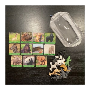 May include: A set of 12 animal flashcards with corresponding plastic animal figurines. The flashcards feature images of a giraffe calf, hippo calf, tiger cub, gorilla infant, zebra foal, chimpanzee infant, alligator hatchling, polar bear cub, rhino calf, panda cub, and elephant calf. The figurines are in various colors and poses.