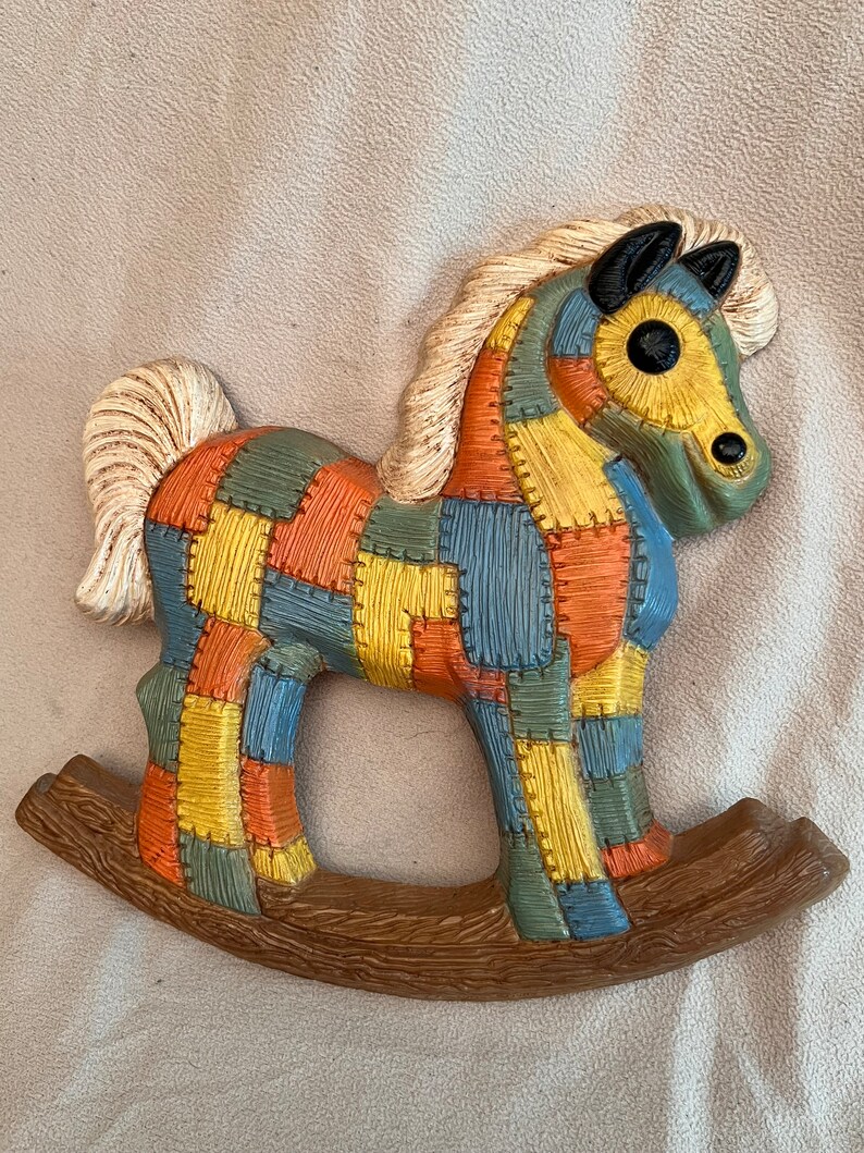 Patchwork Nursery Decor/ Rocking Horse/ Teddy Bear/ Vintage Decor/ Wall