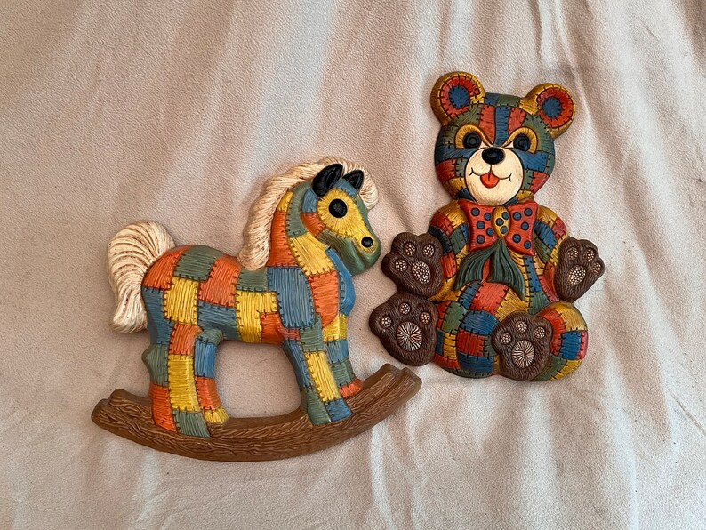 Patchwork Nursery Decor/ Rocking Horse/ Teddy Bear/ Vintage Decor/ Wall