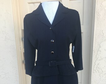 Authentic Vintage 1940s Reba Modern Black Belted & Beaded Peplum Wiggle Dress
