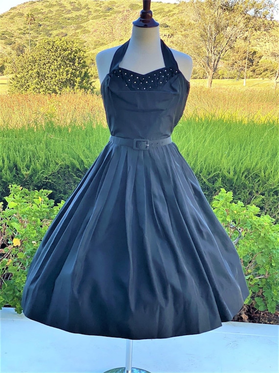 1950 Vintage Black Halter Prom Party Dress with B… - image 1