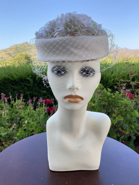 1960's Halo Pillbox Hat with Veil & Flowers