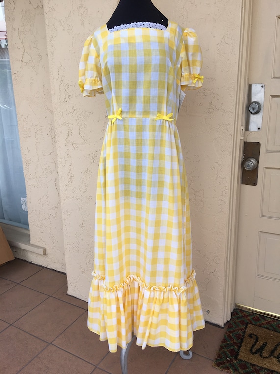 Vintage 1970s Yellow Gingham Prairie Style Dress