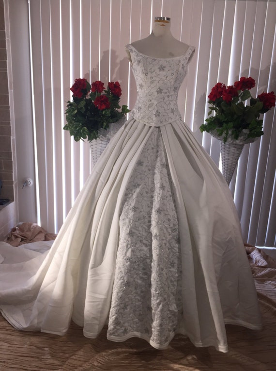 Elizabeth Chevron White Satin with Silver Embroidery 3 pc. Wedding Gown Elizabeth Chevron White Satin with Silver Embroidery 3 pc. Wedding Gown