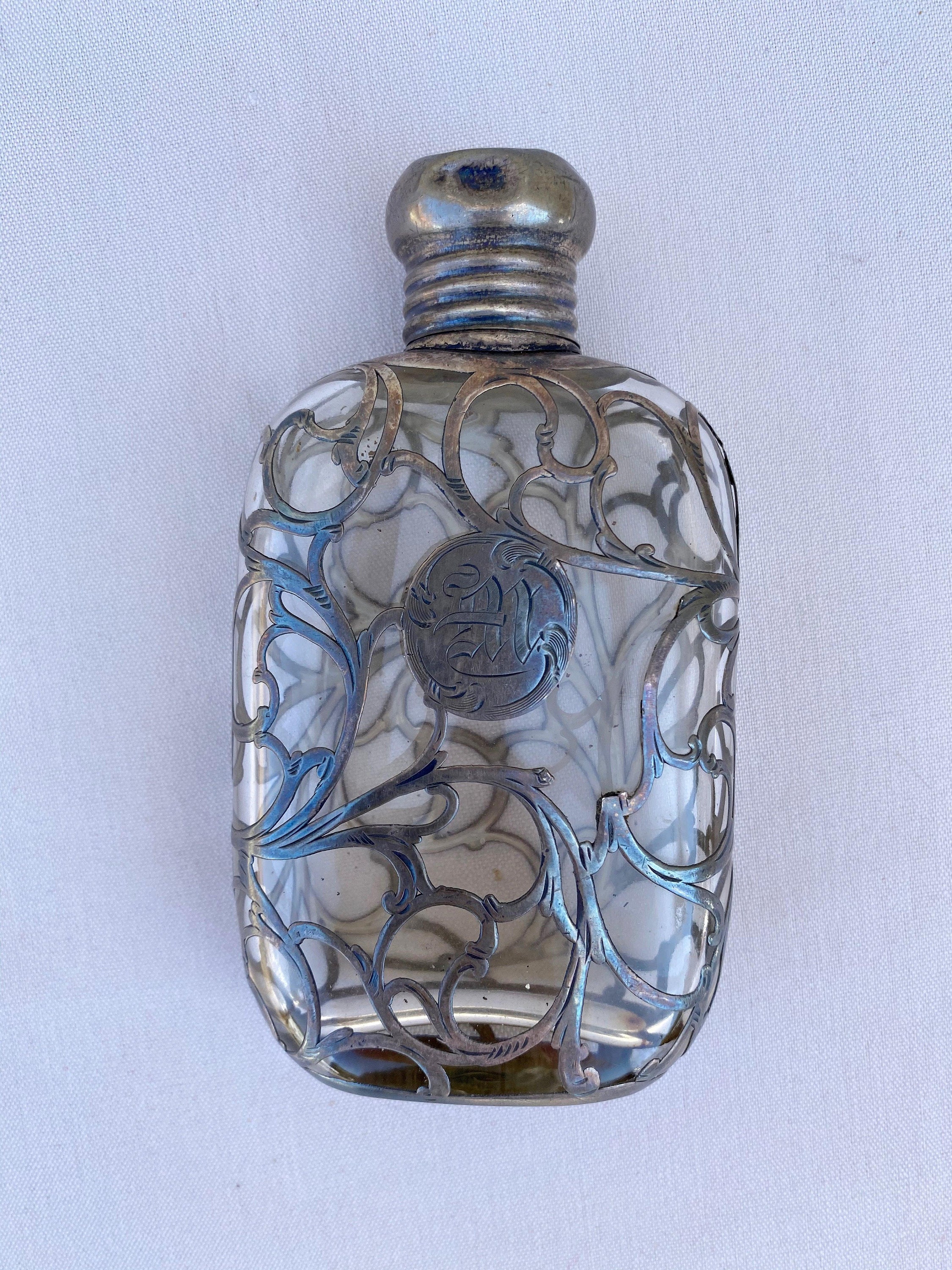 1900's Antique Art Nouveau 999 Sterling Silver Filigree Glass Lined Flask