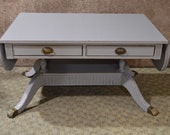 Vintage Distressed Gray Traditional Style Drop Leaf Cocktail Table w Two Drawers