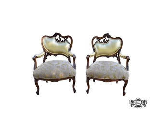 French Walnut Armchairs Louis XV Style Carved Gold Damask Chairs Vintage