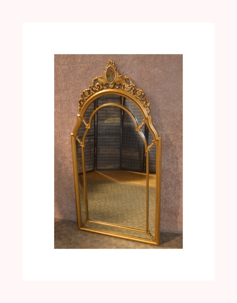 Vintage Ornate Large Size Painted Antique Gold Wall Mirror W Medallion