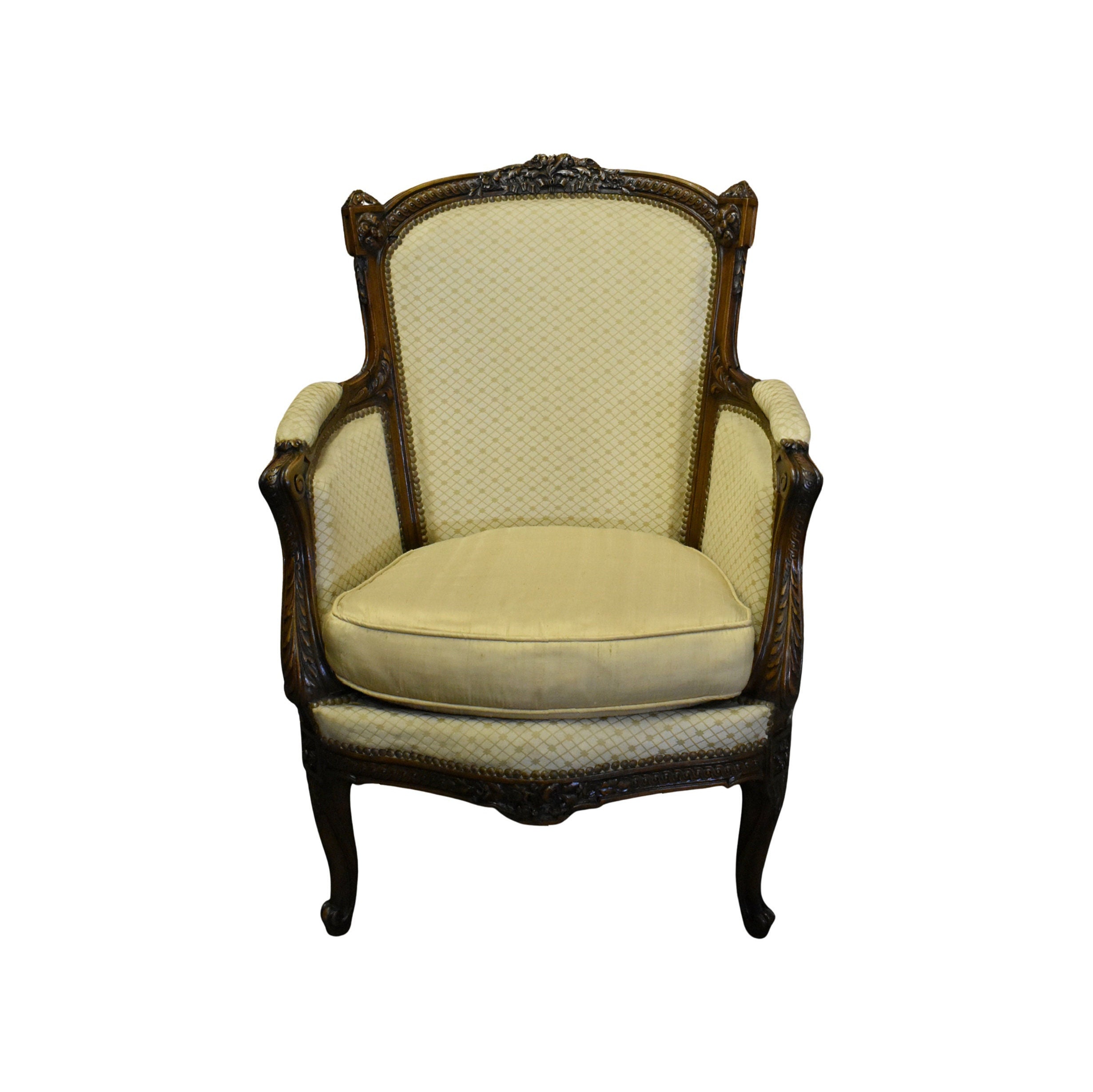 French Louis XV Painted Bergere Chair With Carved Flowers