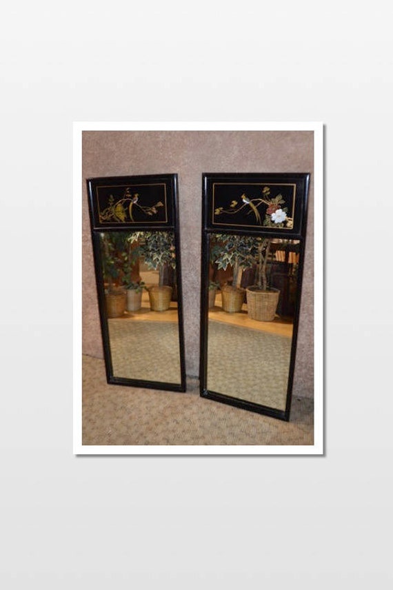 Pair Of Asian Hand Painted Wall Mirrors W Birds