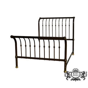 Unique Vintage Bronze Full Size Signed Sleigh Bed w/ Brass Capped Feet