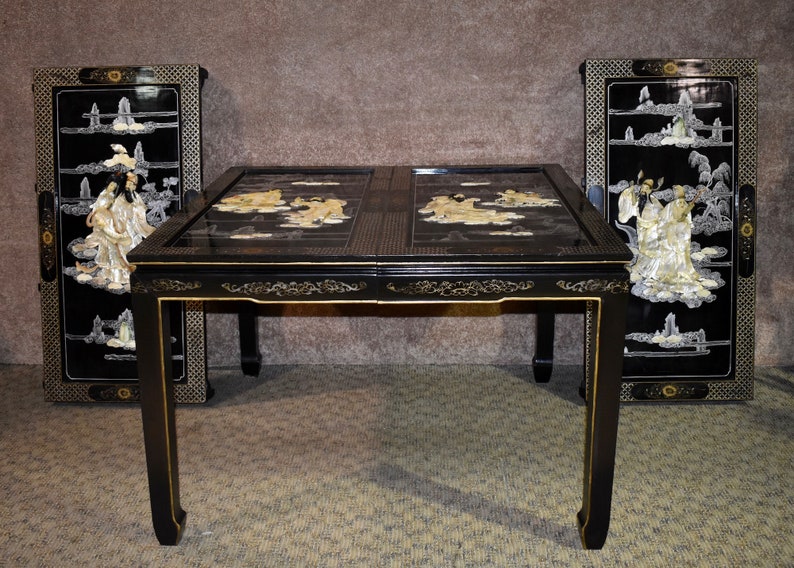 Hand Painted Asian Style Dining Table W Shell Carvings Two Leaves