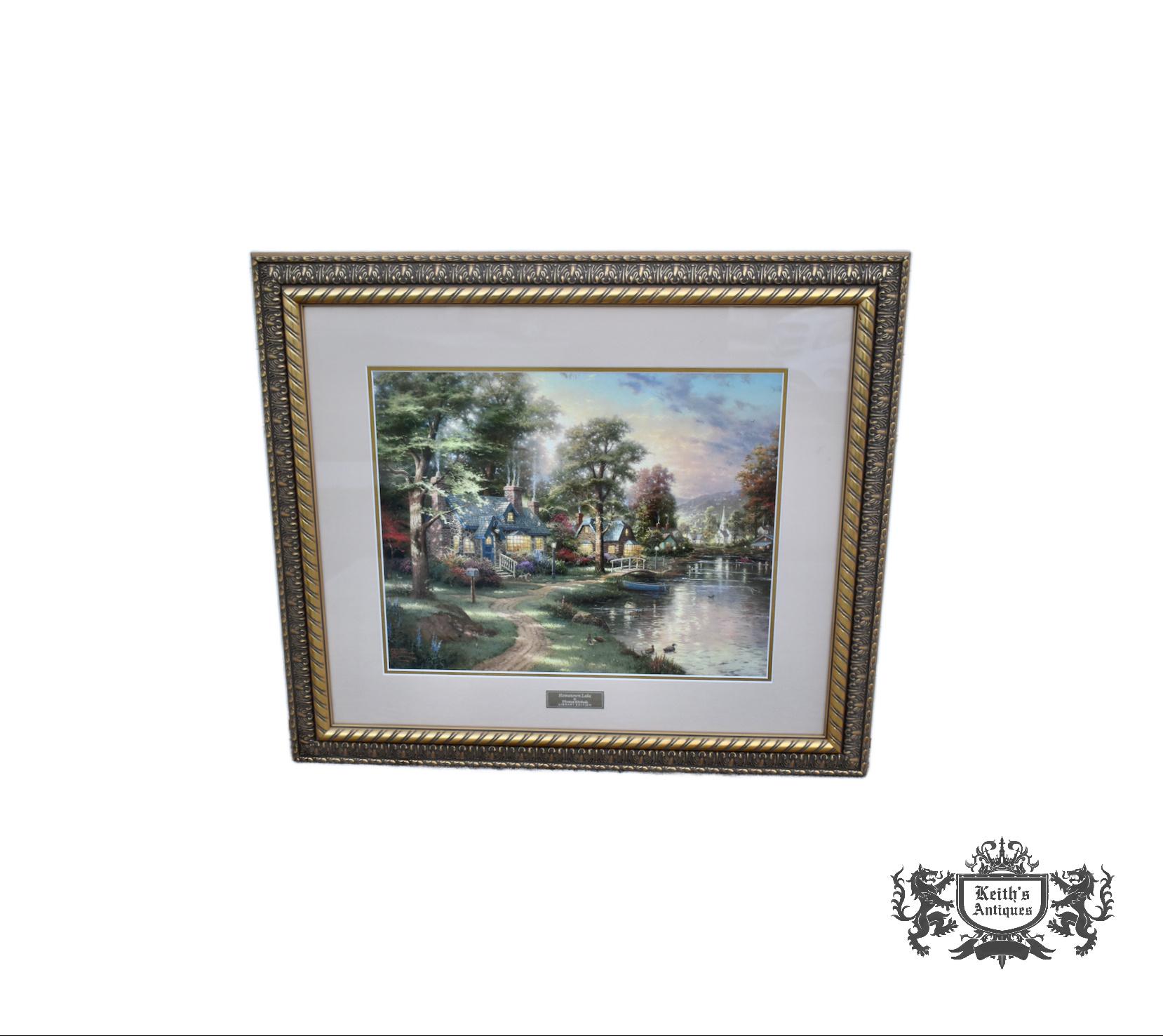 Vintage Thomas Kinkaid "Hometown Lake" Library Edition Print in Gold Frame