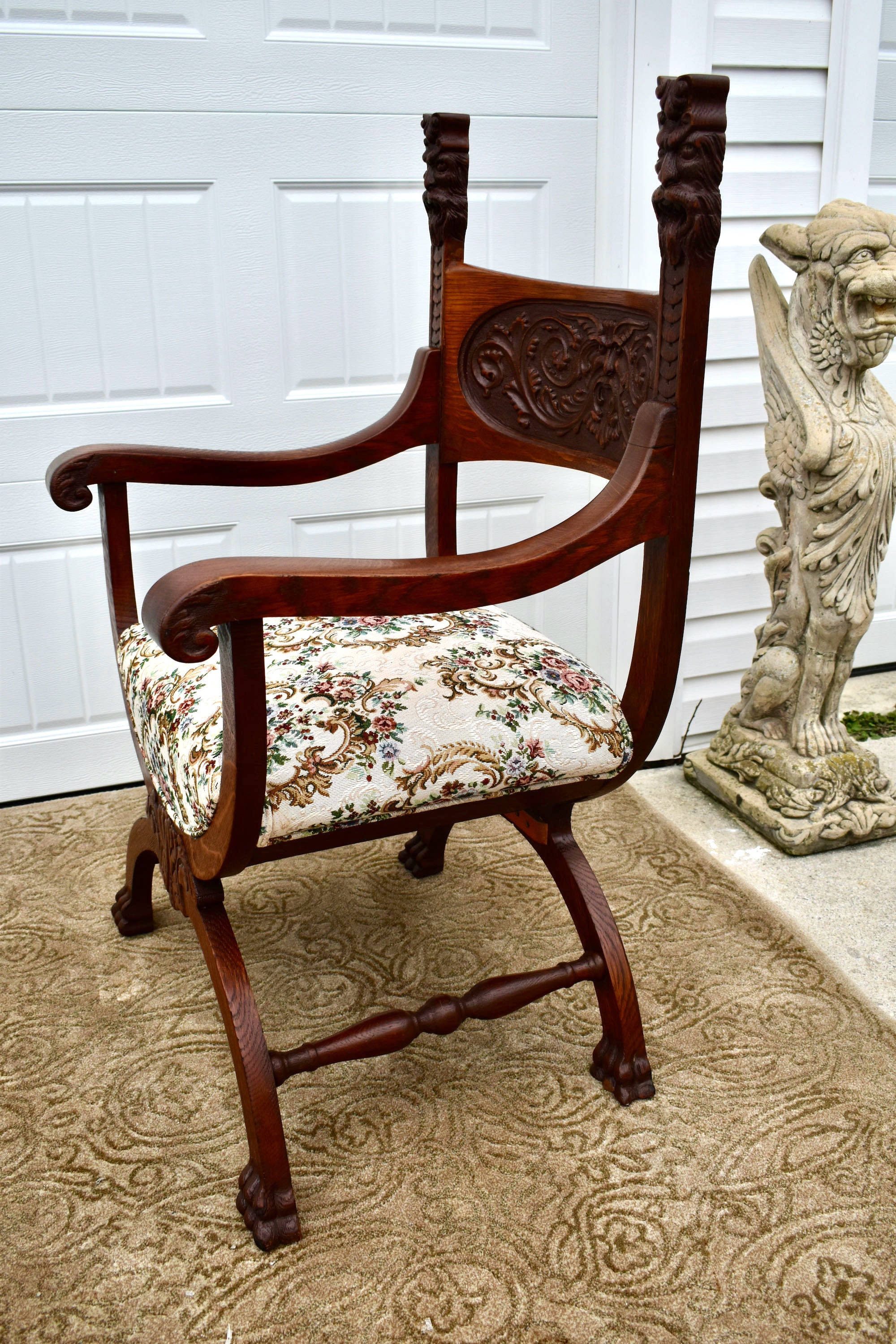 Antique Carved Oak Jacobean Style U Shaped Chair W/figural Etsy