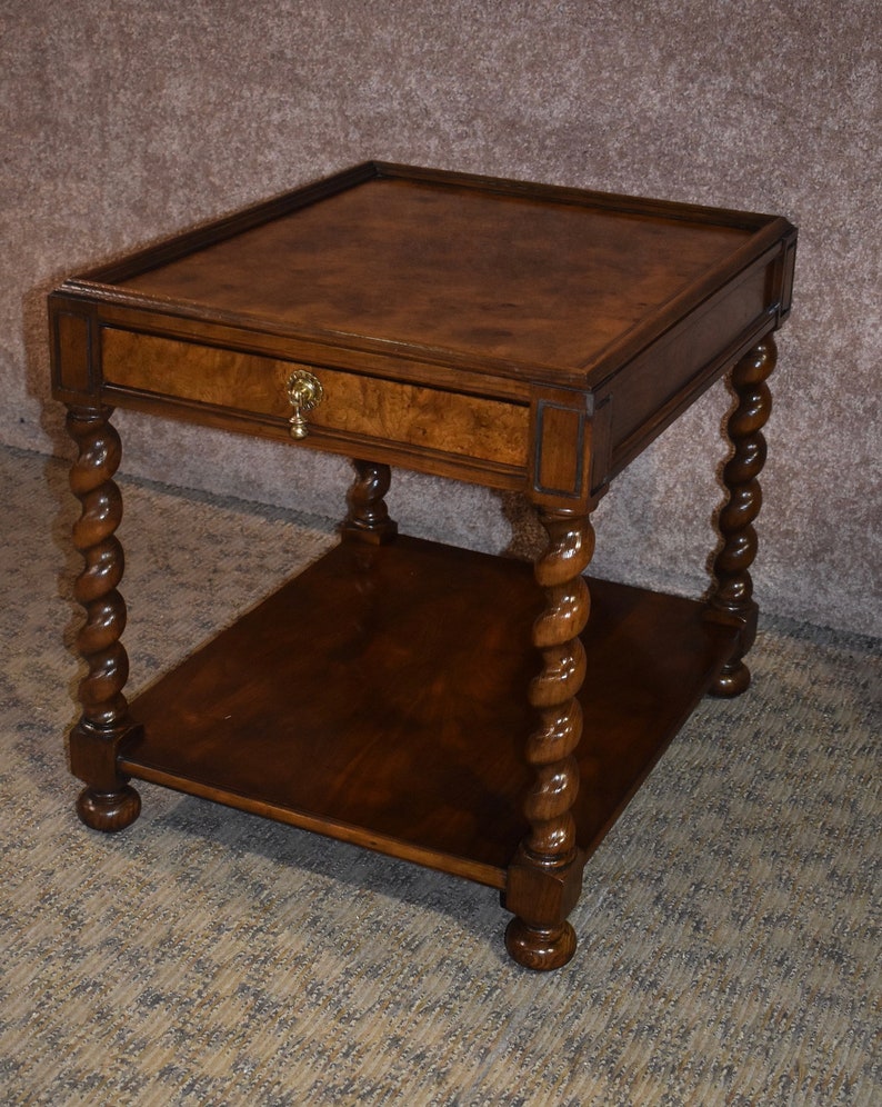 Vintage Baker Tudor Style Side Table W Burl Top Turned Legs And Drawer