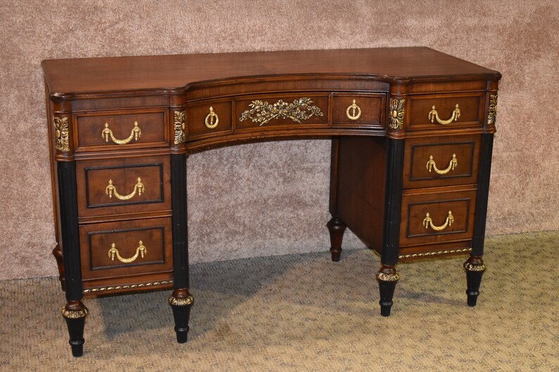Vintage Antique Ornate Directoire Style Carved Walnut Desk W Gold Detail