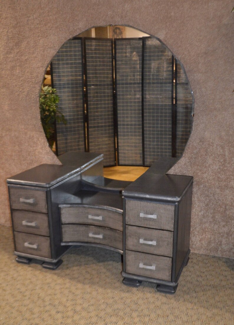 Vintage Art Deco Vanity wMirror /& Bench in a Silver Gray Finish