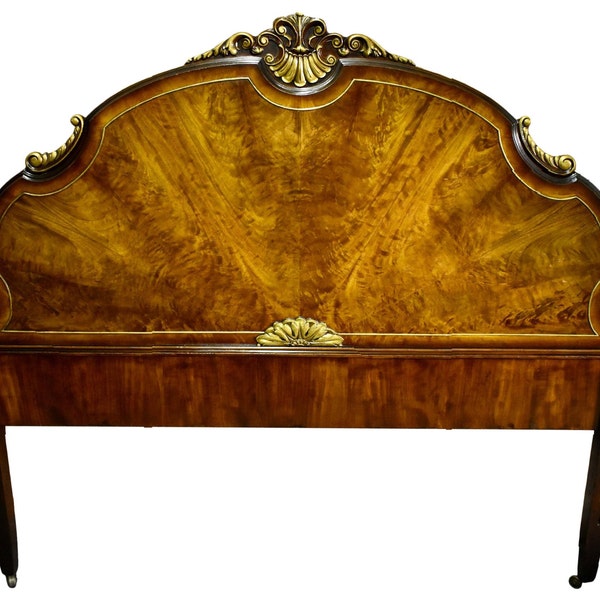 Cama de tamaño completo Leslie Mark antigua tallada con incrustaciones de nogal y madera satinada