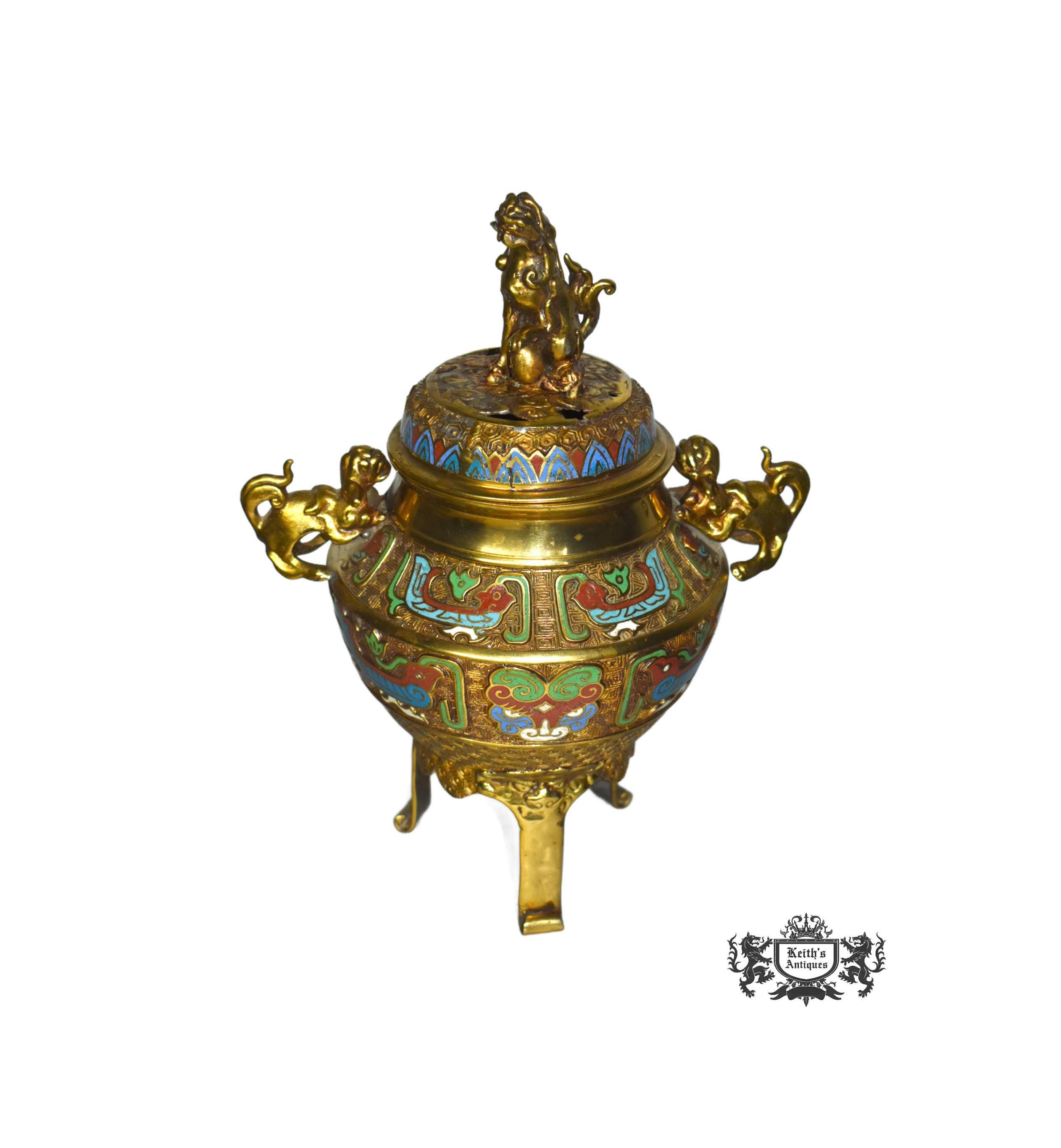 Vintage Japanese Cloisonne Enamel Champleve Brass Foo Dog Incense Burner