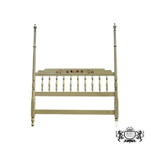 May include: A vintage, light green four-poster bed frame. The headboard features a decorative floral design in shades of brown and cream. The bed frame has a spindle design and is made of wood.