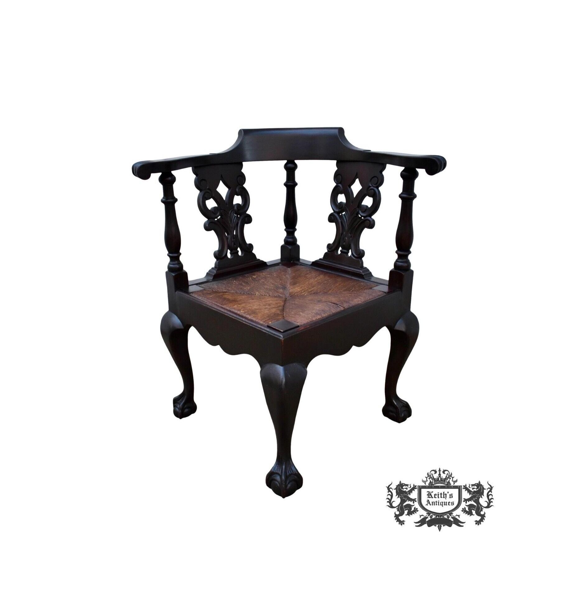 Antique Carved Mahogany Georgian Style Corner Chair With Rush Seat Etsy