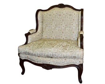 Vintage Carved Walnut Oversized French Style Chair w/Patterned Fabic