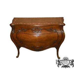 Antique Three Drawer Carved Walnut Italian Bombe&#39; Commode w/Floral Painted Top