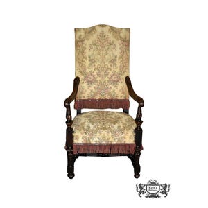 Antique Tudor Style Carved Oak High Back Chair w/Fringe & Stretcher Base